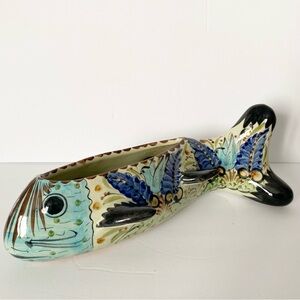 Vintage Tonalá Fish Planter Jalisco Mexico Ceramic Vase Hand Painted Blue Green